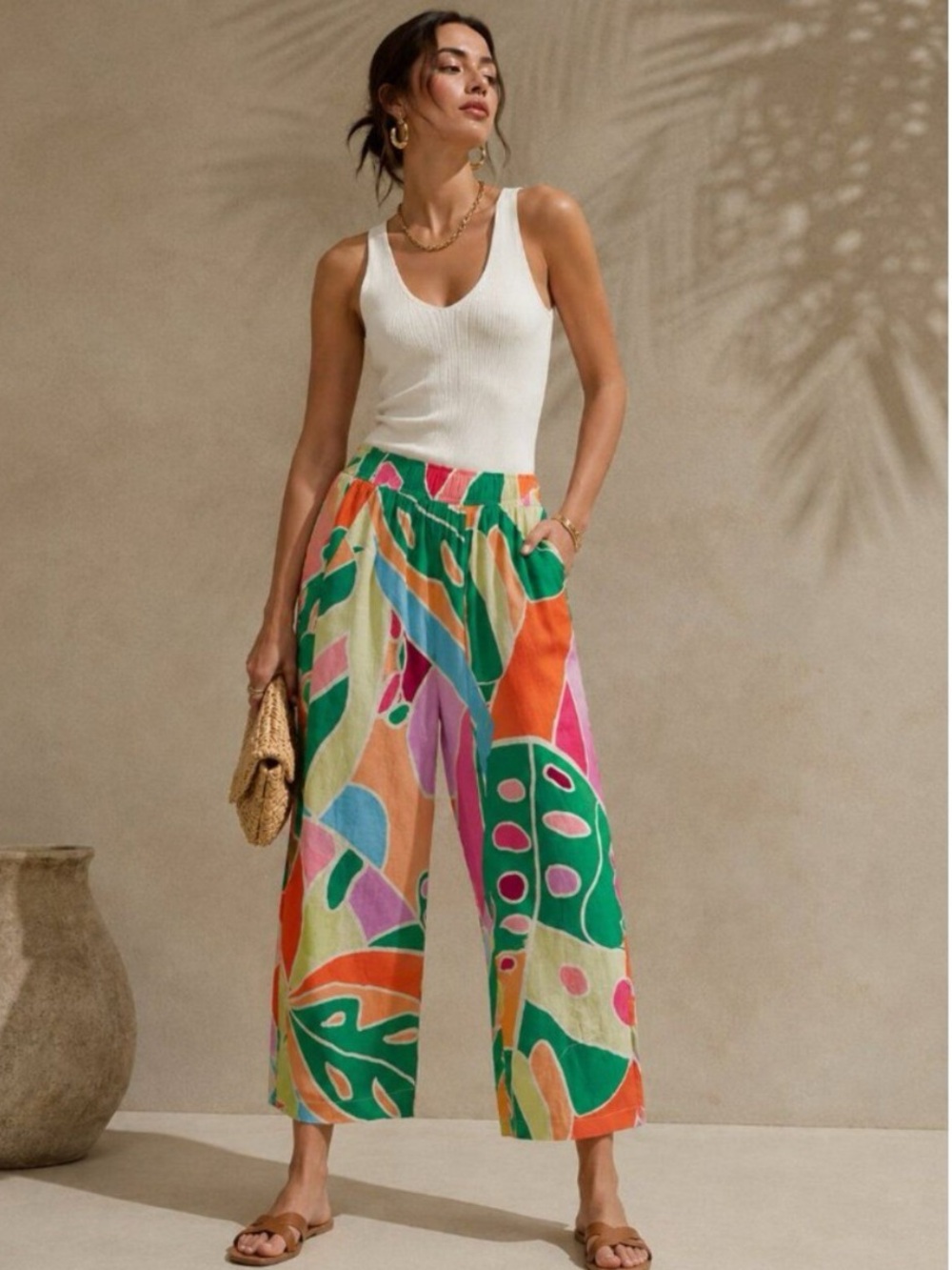 Christian Siriano 100% Linen Abstract Wide Leg Pants Colorful Pockets Small NWT